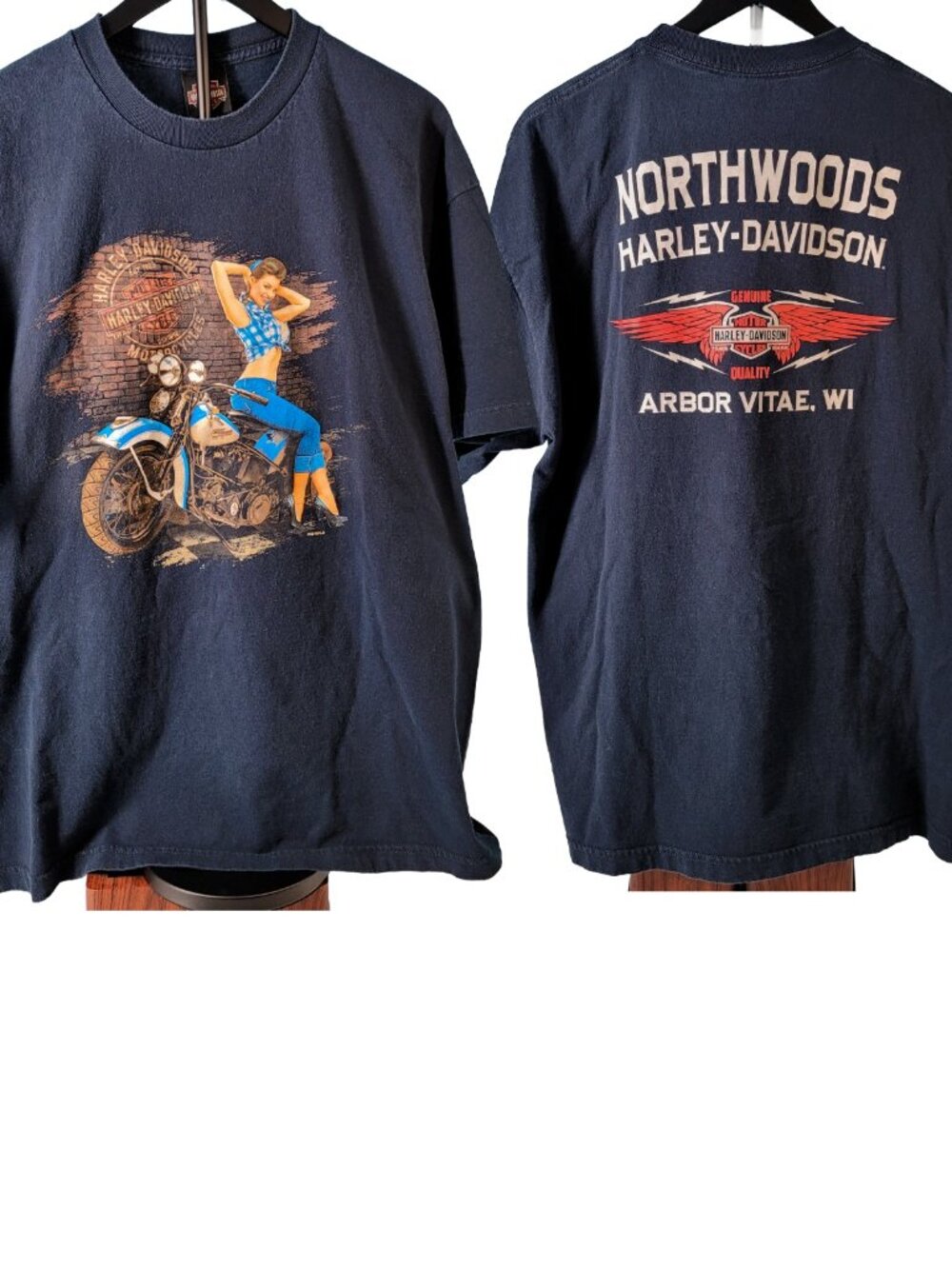 Harley-Davidson Northwoods Arbor Vitae WI Graphic Tee XL Biker Pin-Up Motorcycle